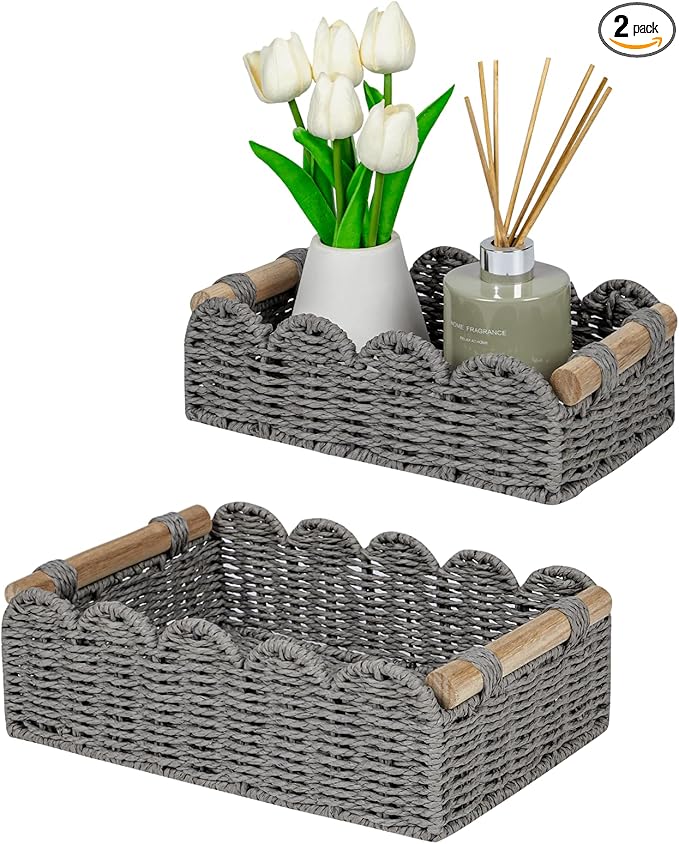 CubesLand Scalloped Edge Decor Baskets for Home, Living Room, Toilet Paper Storage Basket for Over Toilet Tank Top, Storage Shelf, Cute Small Paper Rope Baskets Both Storage&Decor, Set 2 Grey