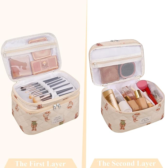 Gosect Makeup bag, Large Cosmetic Bag for Women Girls, Cute Quilted Makeup Bags, Floral Coquette Aesthetic Toiletry Bag, Travel Make Up Organizer Bag (Bear)