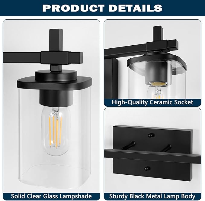2-Lights Bathroom Vanity Lights, Matte Black Vanity Light Fixtures Over Mirror, Modern Wall Sconces with Clear Glass Shade, Wall Light Fixture for Bedroom Hallway Living Room