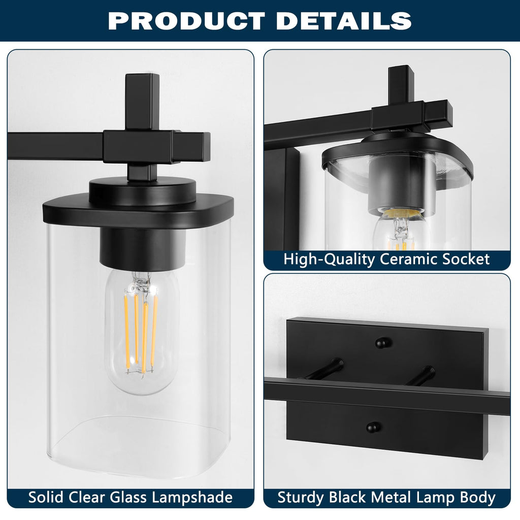 Spiglamm 2-Lights Bathroom Vanity Lights, Matte Black Vanity Light Fixtures Over Mirror, Modern Wall Sconces with Clear Glass Shade, Wall Light Fixture for Bedroom Hallway Living Room