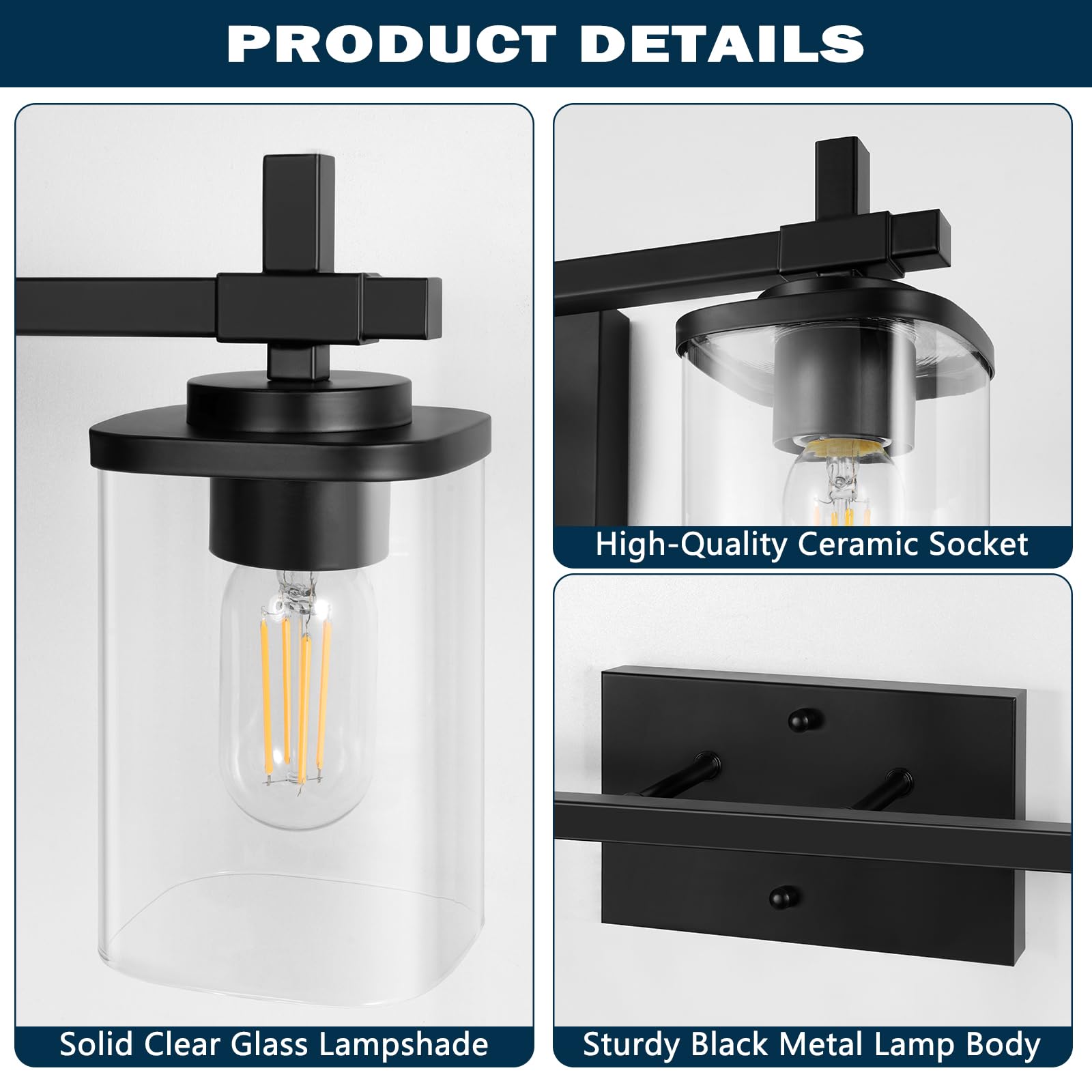 Spiglamm 2-Lights Bathroom Vanity Lights, Matte Black Vanity Light Fixtures Over Mirror, Modern Wall Sconces with Clear Glass Shade, Wall Light Fixture for Bedroom Hallway Living Room