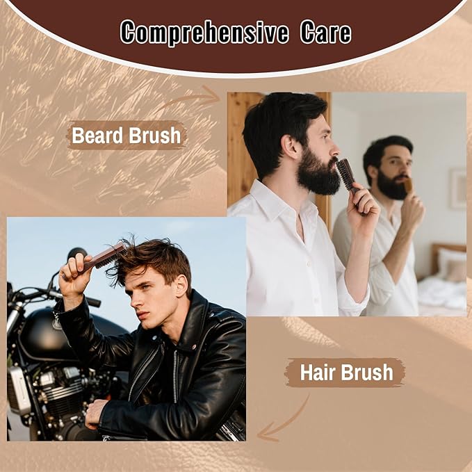 GAINWELL Mens Wild Boar Bristle Hair Brush for Men, Slick Back Hair Brush with Stiff Bristles for Thick & Thin Hair, Beard Brush Natural Black Walnut Wooden Handle Hairbrush