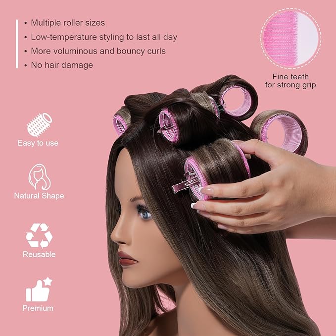 IKOCO Hair Rollers Set, 4 Sizes with 12 Clips and Comb - Self Grip Curlers for Long/Short Hair, Thermal Safe Rollers for Salon-Worthy Styling Pink