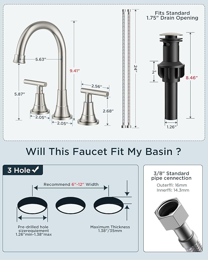 FORIOUS Brushed Nickel Bathroom Faucet 3 hole, 2 Handle 360° Swivel Gooseneck 8 Inch Widespread Bthroom Sink Faucet Brushed Nickel 3 Hole with Hot and Cold Water Hose, Farmhouse Restroom renovation