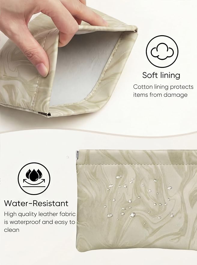 Ksriylm PU Leather Makeup Pouch Set for Women Small Make Up Bag for Purse Waterproof Initial Makeup Cosmetic Bags Pouches for Purse Aesthetic Travel Toiletry Bag,Elegant Wave Khaki