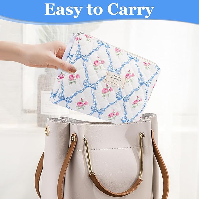 Gosect Floral Makeup Bag, Small Cosmetic Bag for Women Girls, Cute Cotton Makeup Bag, Quilted Makeup Bags, Flower Travel Toiletry Organizer Bag(Blue Flower)