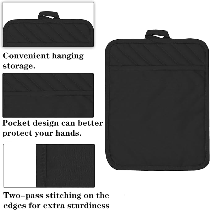 VEIKERY Oven Pot Holder with Pocket Cotton Heat Resistant Coaster Potholder Kitchen Hot Pad Oven Mitts for Cooking Square 7"x9" Set of 3 (Black)