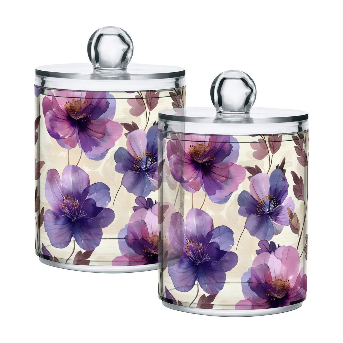 ALAZA 2 Pack Qtip Holder Dispenser for Cotton Ball Purple Tulip Flower Beige Swab Cotton Round Pads Clear Plastic Acrylic Jar Set Bathroom Canister
