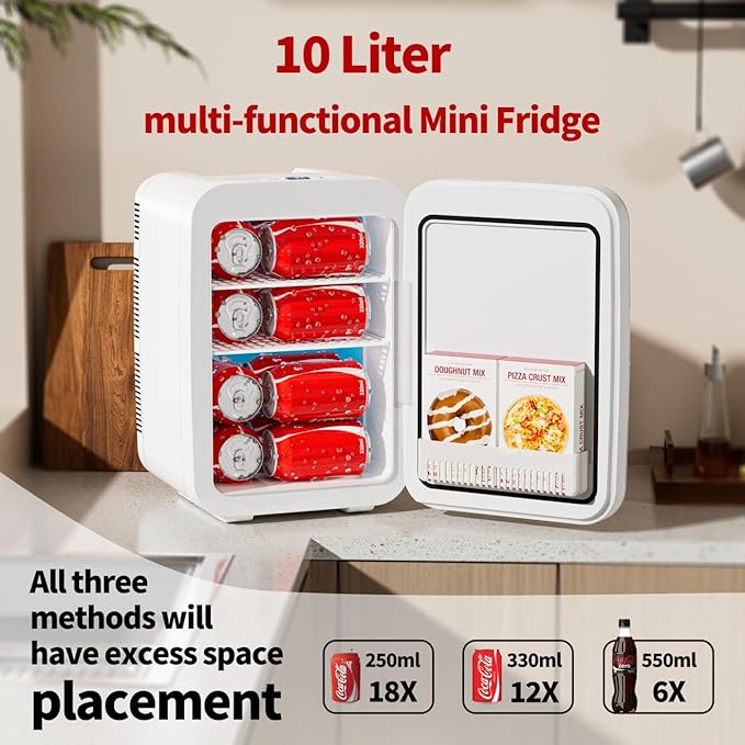 JrostKault Mini Fridge for Bedroom - 10 Liter/15 Can Portable Refrigerator for Dorm, Office, Car - Quiet Cooler & Warmer for Food, Drinks, Makeup & Skincare - AC/DC Power Supply