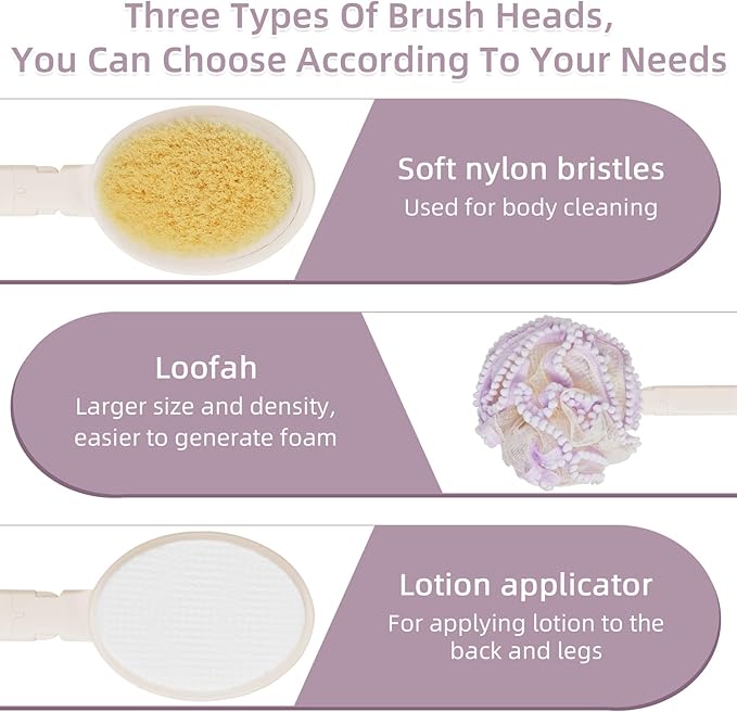 Topfinder Loofah Sponge with Handle,Back Scrubber Brush for Shower, Lotion Applicator for Back,3 in 1 Shower Kit (Purple loofah)