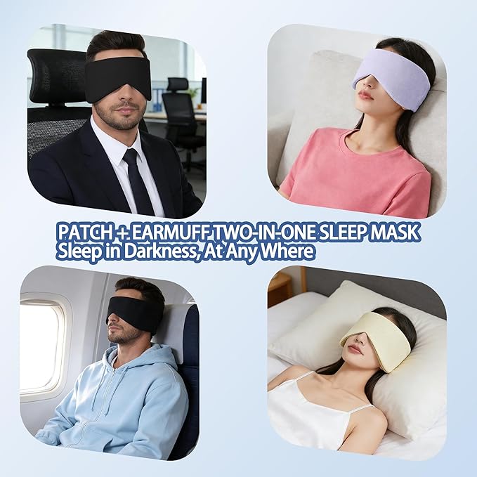 Vettres Reversible Warm & Cool Sleep Mask Wrap-Around Blackout Eye Masks for Side Sleepers Adjustable Unisex Eye Cover for Travel Office & Rest Black