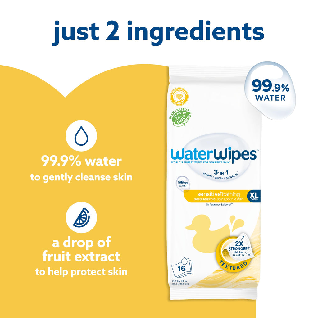 WaterWipes Sensitive+ Bathing Wipes, 3-In-1 Cleans, Cares, Protects, 99.9% Water, Unscented & Hypoallergenic, 16 Count (1 Pack)