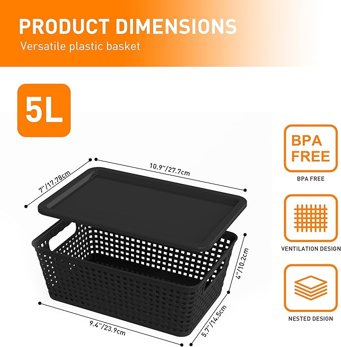 Anywish Plastic Storage Baskets With Lid, Storage Bins for Organizing, Stackable Decorative Containers for Shelves Drawers Desktop Closet Playroom Classroom Office,10 Pack-Black