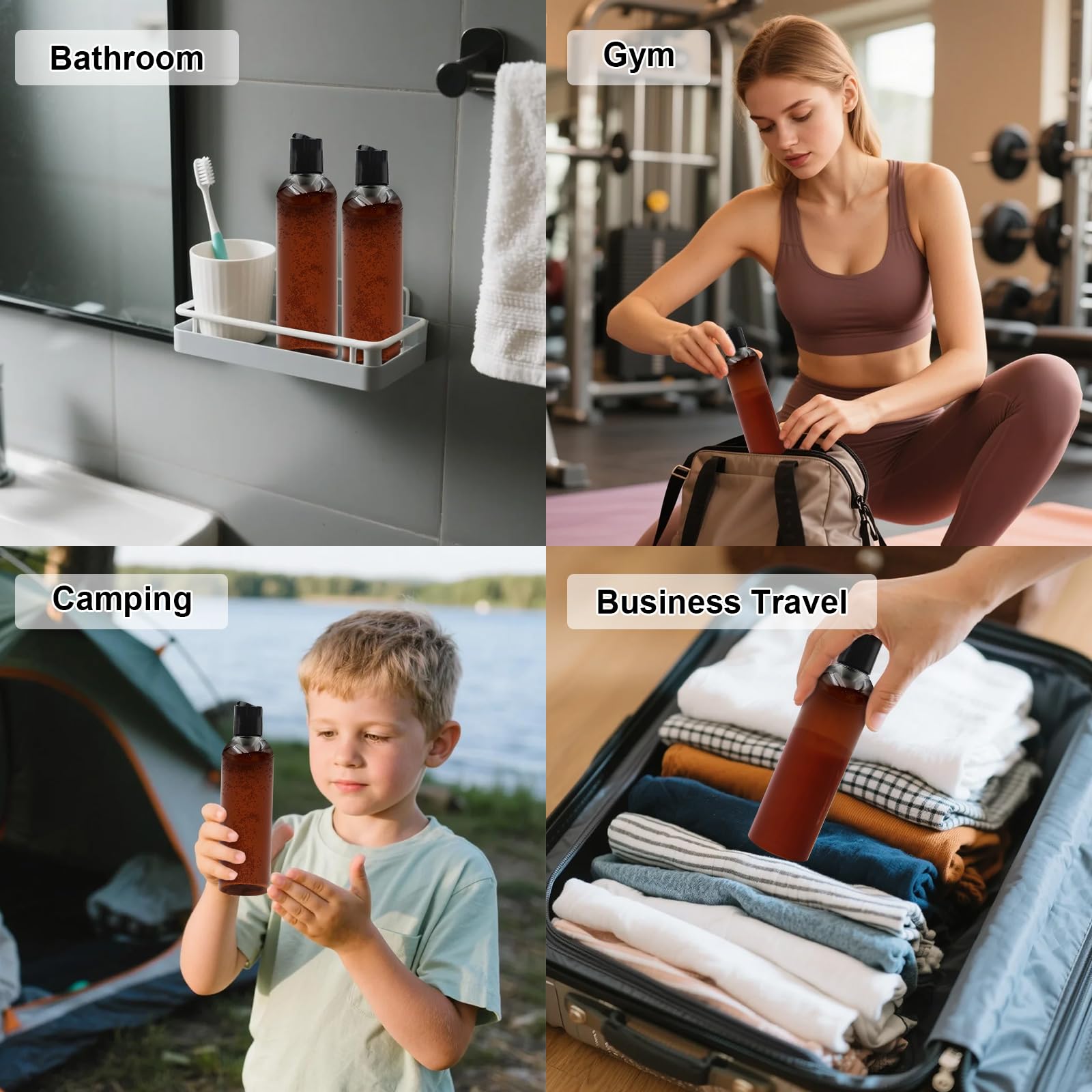 ZLEVEAYN 2 Pack 8 oz Amber Plastic Squeeze Bottles with Black Disc Caps Refillable Empty Travel Containers Bottles for Shampoo Conditioner Toiletries Lotions Oils BPA Free