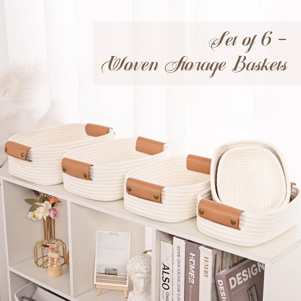 Storage Baskets for Organizing, Small Woven Basket Set of 6-4 Shelf Basket with Leather Handle and 2 Small Gift Baskets, Cotton Rope Basket for Shelves, Nursery, Dog Toy, Bathroom