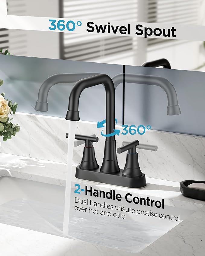 FORIOUS RV Bathroom Sink Faucet 2 or 3 Hole Matte Black, 4 Inch Cenerset Bathroom Faucet with Pop-up Drain for Vanity Restroom and Supply Lines, 2-Handle Design