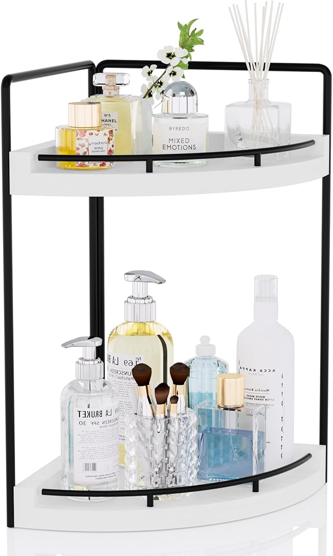 CeleVista Corner Bathroom Counter Organizer, 2 Tier Wood Vanity Storage, Waterproof Skincare Shelf for Kitchen & Toiletries Decor, Dresser (White-2 Tier)