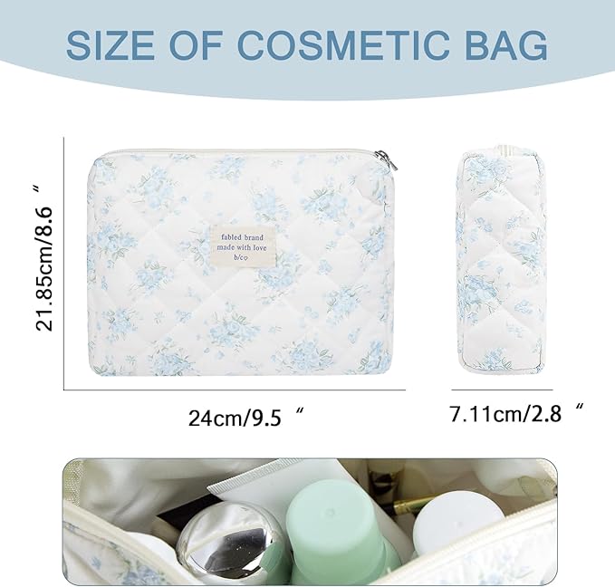 Gosect Floral Makeup Bag, Large Cosmetic Bag for Women Girls, Cute Cotton Makeup Pouch, Quilted Makeup Bags, Flower Travel Toiletry Organizer Bag(Blue Rose)