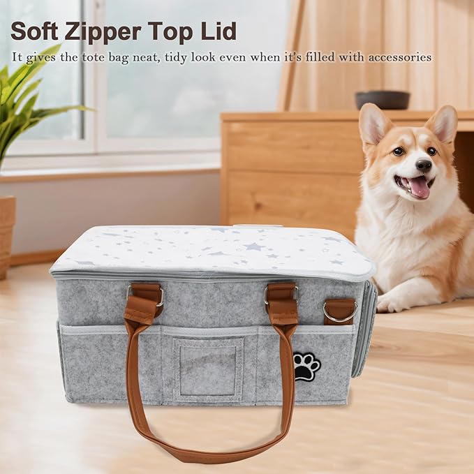 Brabtod Felt Dog Grooming Bag,Portable Tote Bag for Dogs Cats,Dog Storage Organizer for Grooming Tool Kit,3 Compartments Pet Stuff Oganizers with 8 Pockets-Grey