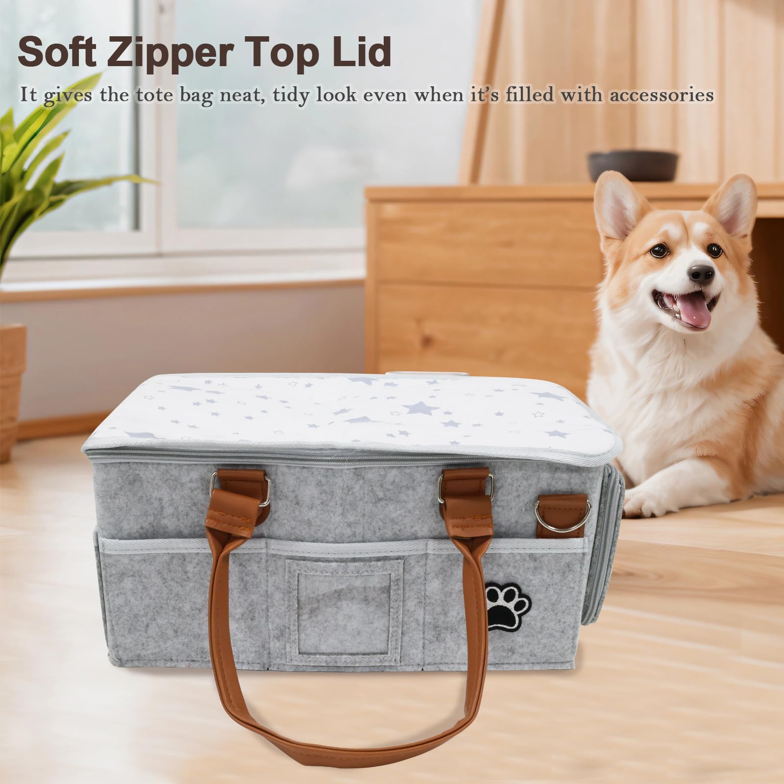 Brabtod Felt Dog Grooming Bag,Portable Tote Bag for Dogs Cats,Dog Storage Organizer for Grooming Tool Kit,3 Compartments Pet Stuff Oganizers with 8 Pockets-Grey