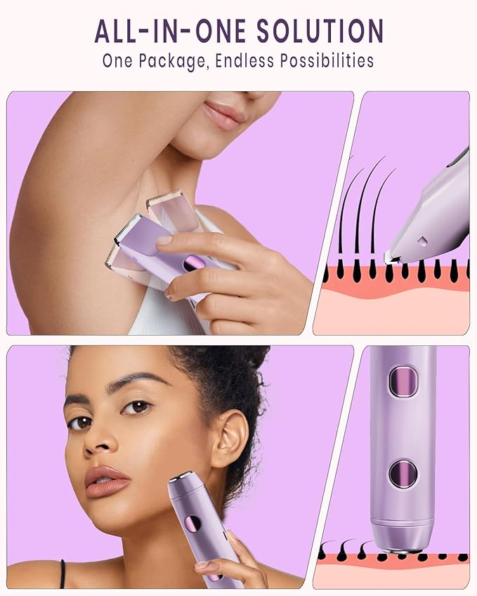 2-in-1 Bikini Trimmer for Women, IPX7 Waterproof Electric Shaver, Body Hair Trimmer & Electric Razor for Face, Lips, Pubic Area, Legs, Purple