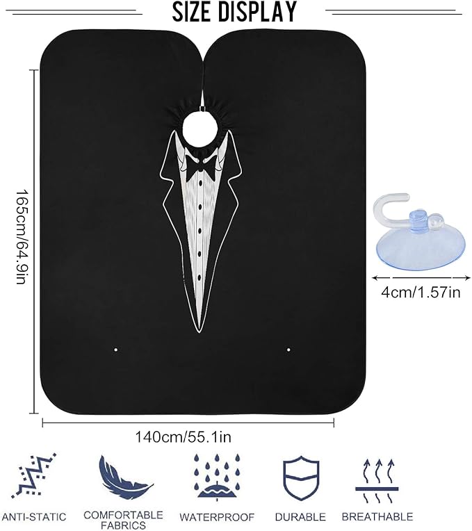 visesunny Tuxedo Design On Black Barber Cape Anti-Static Hair Cutting Cape with Snap Closure Professional Salon Polyester Beard Shaving Bib Water-Resistant Hairdressing Cape Adjustable Snap