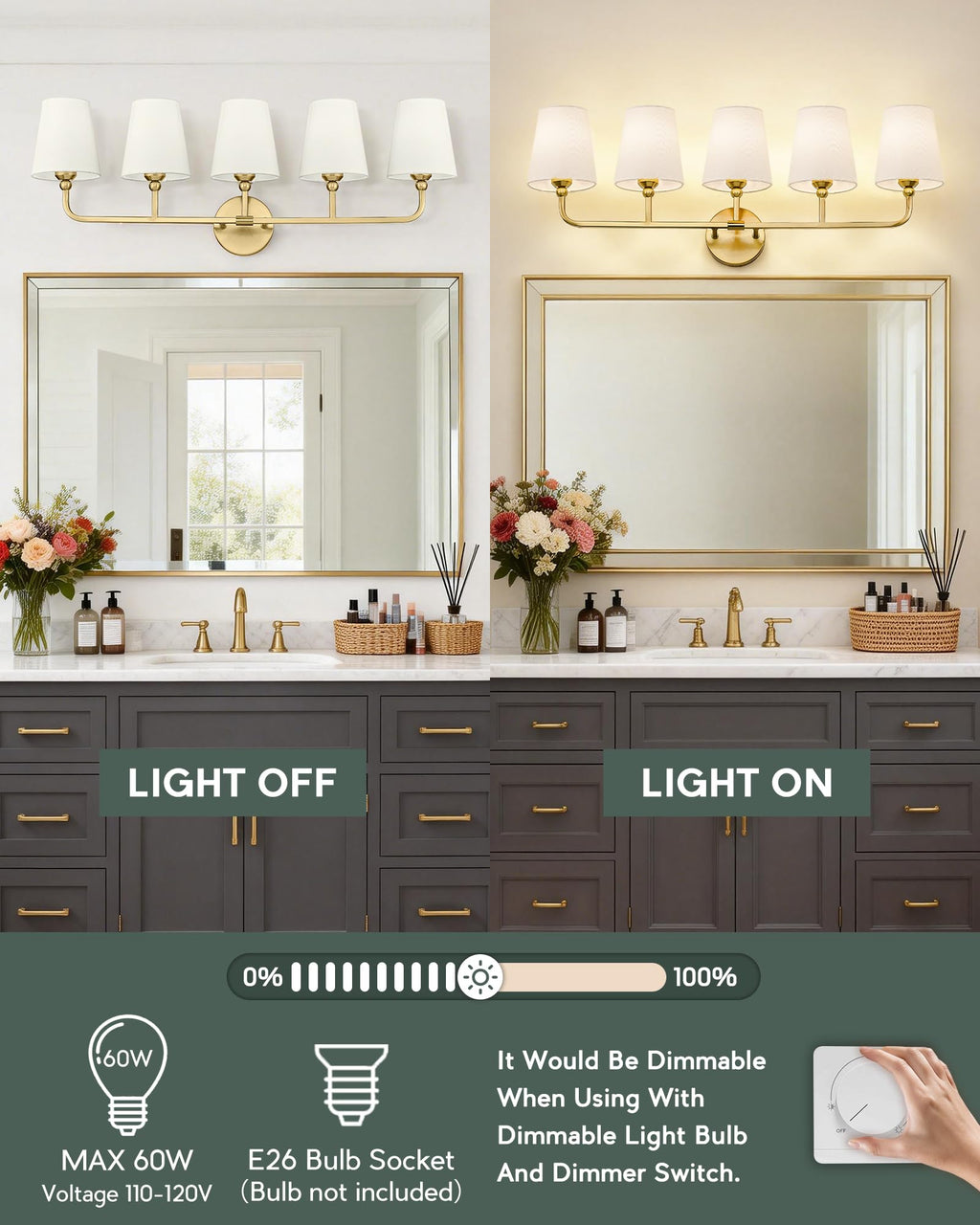 METWET 5-Light Brushed Gold Bathroom Vanity Light, Beige Fabric Shades