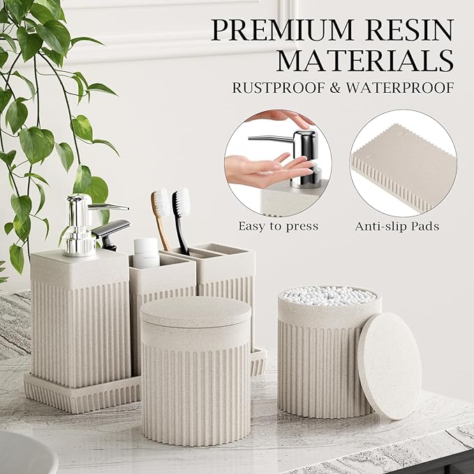 InnJoey 6-Piece Beige Bathroom Set - Sleek Resin Bathroom Accessories Set with Soap Dispenser, Toothbrush Holder, Vanity Tray, Tumbler & Apothecary Jars for Small Spaces