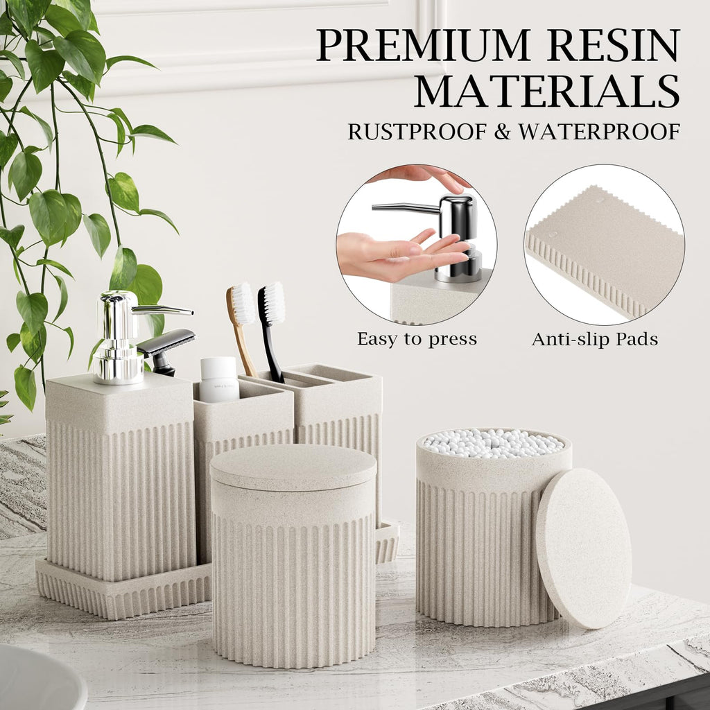 InnJoey 6-Piece Beige Bathroom Set - Sleek Resin Bathroom Accessories Set with Soap Dispenser, Toothbrush Holder, Vanity Tray, Tumbler & Apothecary Jars for Small Spaces
