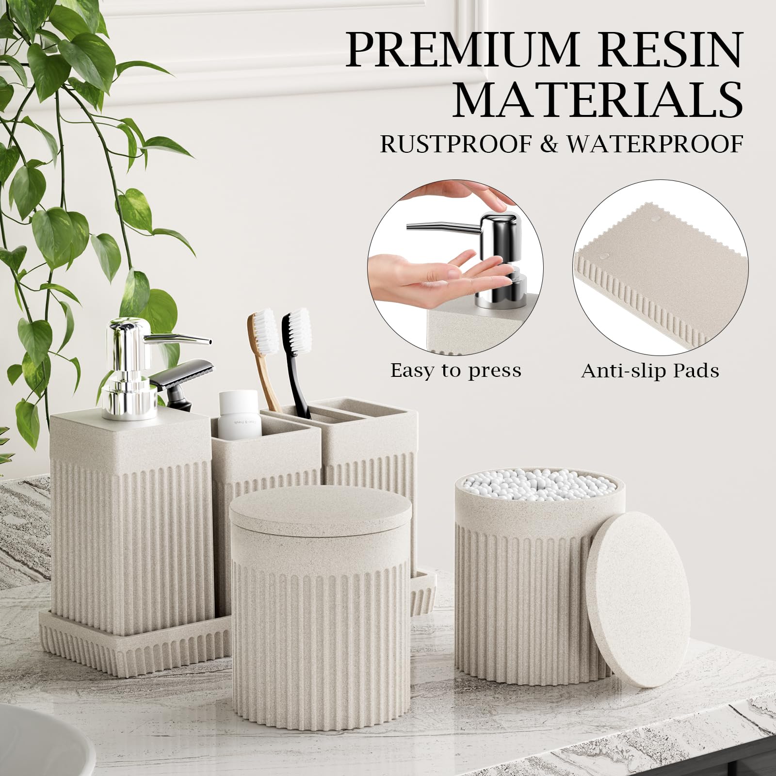 InnJoey 6-Piece Beige Bathroom Set - Sleek Resin Bathroom Accessories Set with Soap Dispenser, Toothbrush Holder, Vanity Tray, Tumbler & Apothecary Jars for Small Spaces