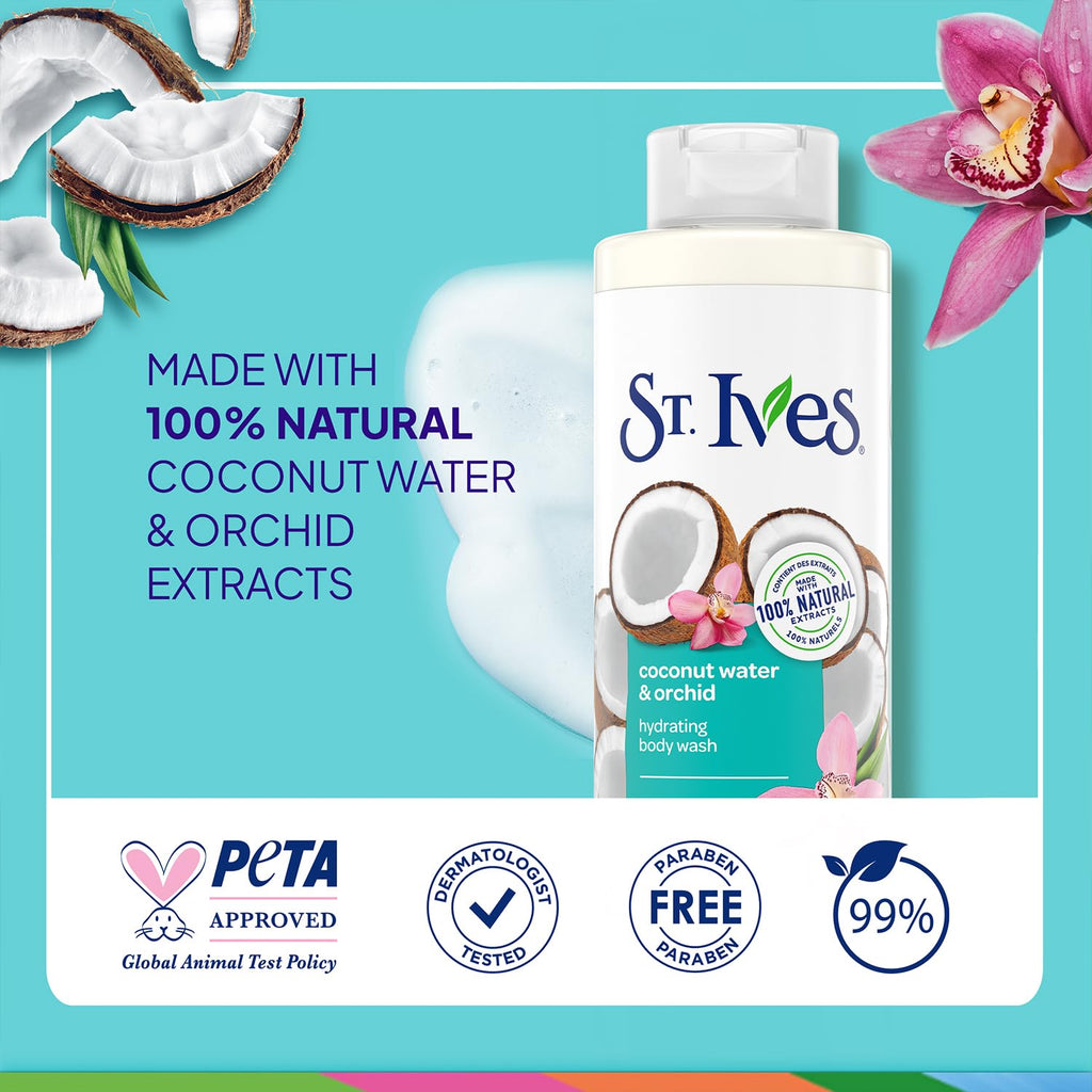 St. Ives Body Wash, Coconut Water & Orchid Hydrating Shower Gel 2-Pack, 100% Natural Extracts, Cruelty-Free, 22 Oz Ea