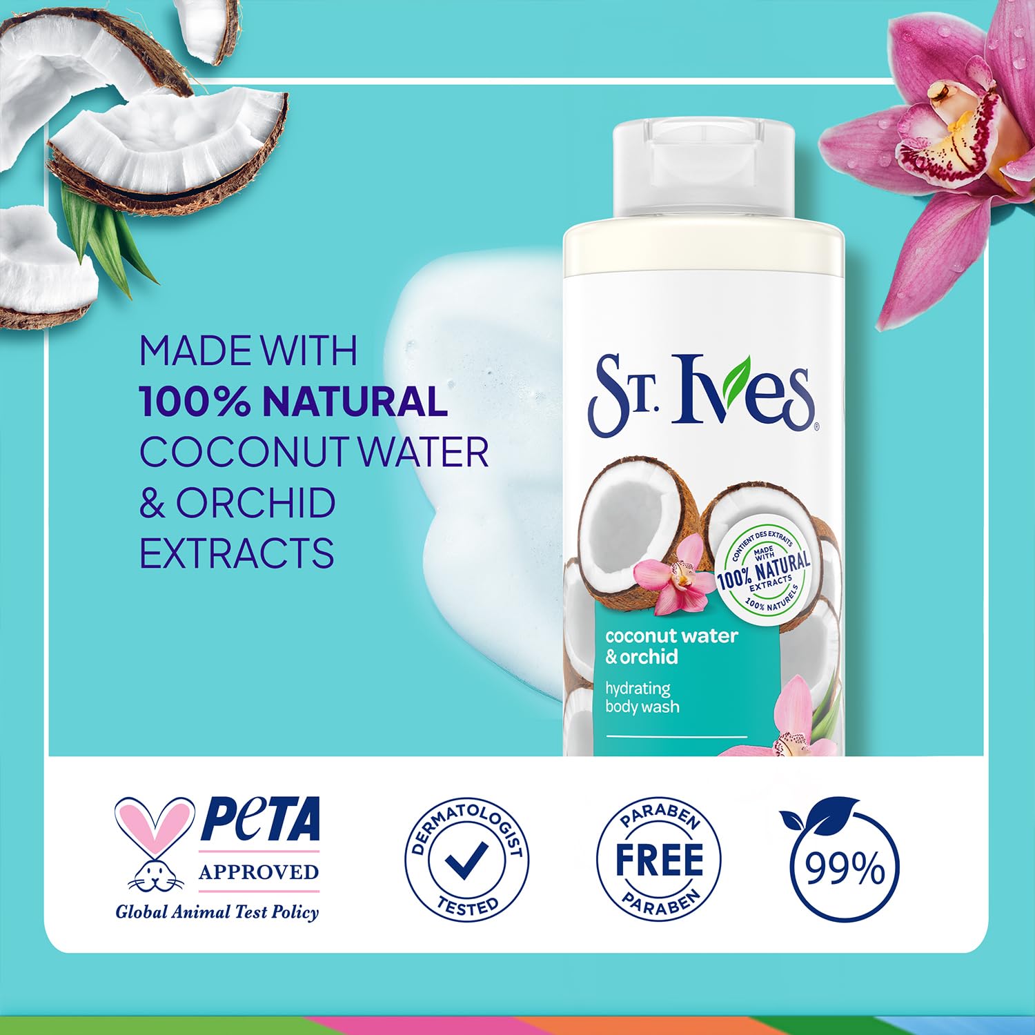 St. Ives Body Wash, Coconut Water & Orchid Hydrating Shower Gel 2-Pack, 100% Natural Extracts, Cruelty-Free, 22 Oz Ea