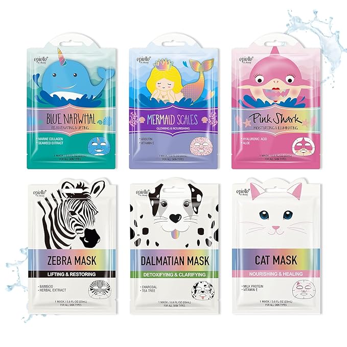 Epielle Character Face Mask Wave & Wild 6 Pack, Fun & Effective Korean Skin Care, Spa Party Favors, Birthday Gifts for Women, Self Care Gifts