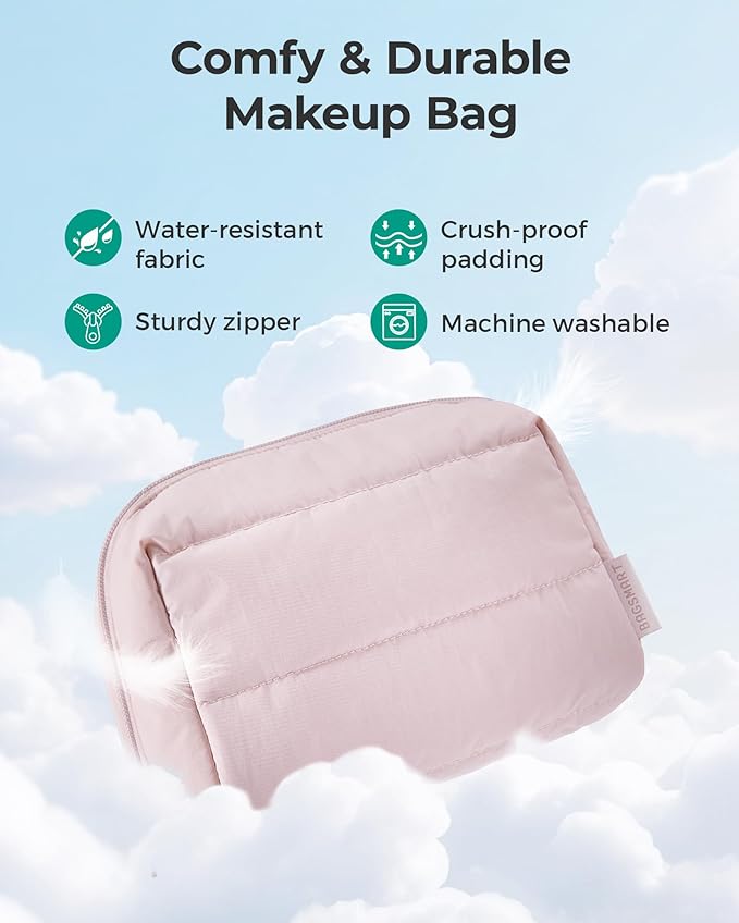 BAGSMART Puffy Makeup Bag, Wide Opening Cosmetic Organizer, Soft Water-Resistant Travel Toiletry Pouch for Women for Purse, Compact & Spacious
