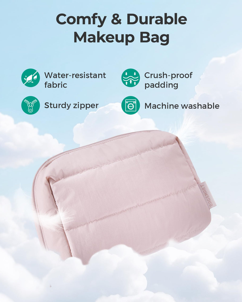 BAGSMART Puffy Makeup Bag, Wide Opening Cosmetic Organizer, Soft Water-Resistant Travel Toiletry Pouch for Women for Purse, Compact & Spacious