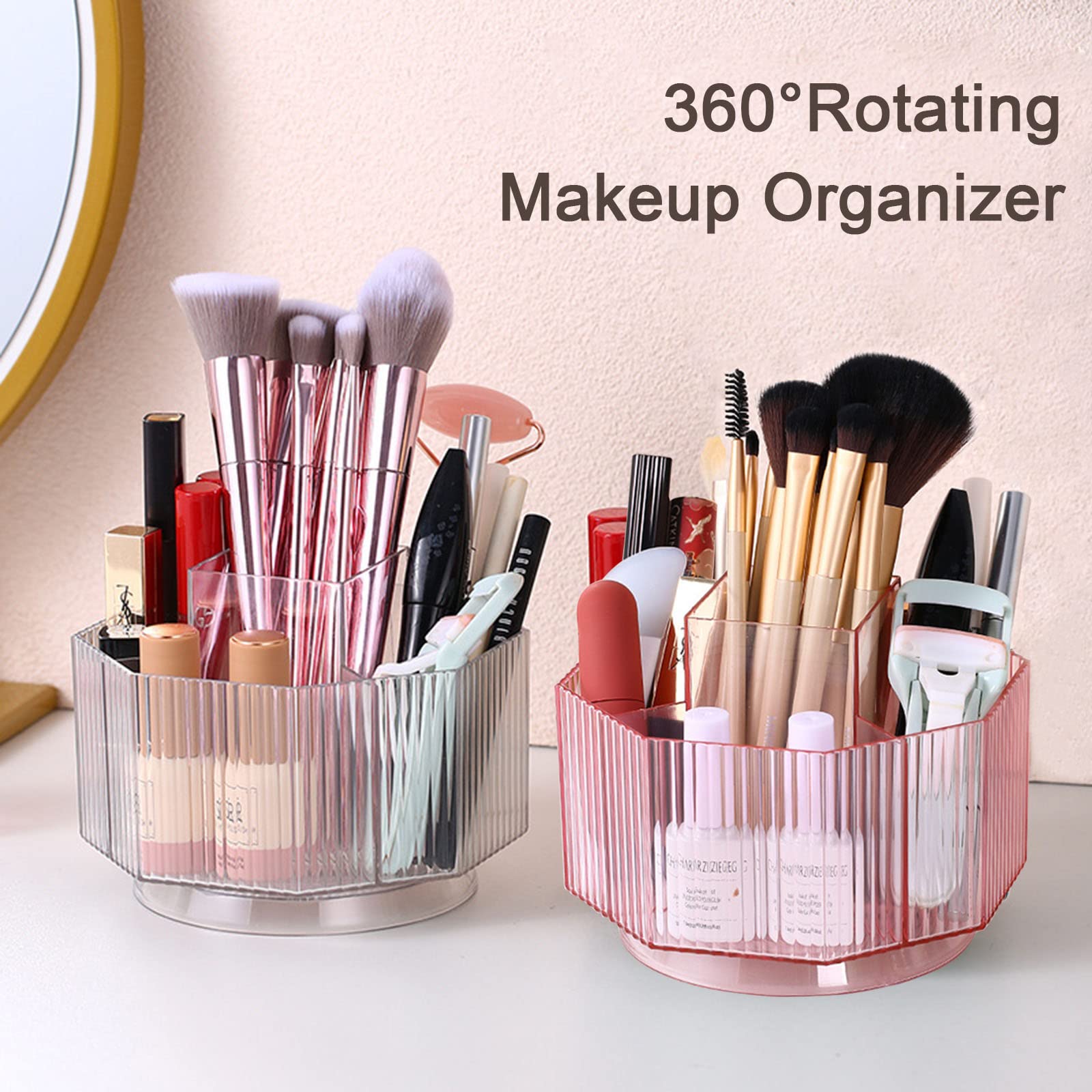 LINFIDITE 360°Rotating Makeup Brush Holder Cosmetic Display Case Clear Makeup Lip Gloss Organizer Case with 5 Slots Round Turntable Storage Tray for Vanity, Bathroom, Counter Organizer Clear White