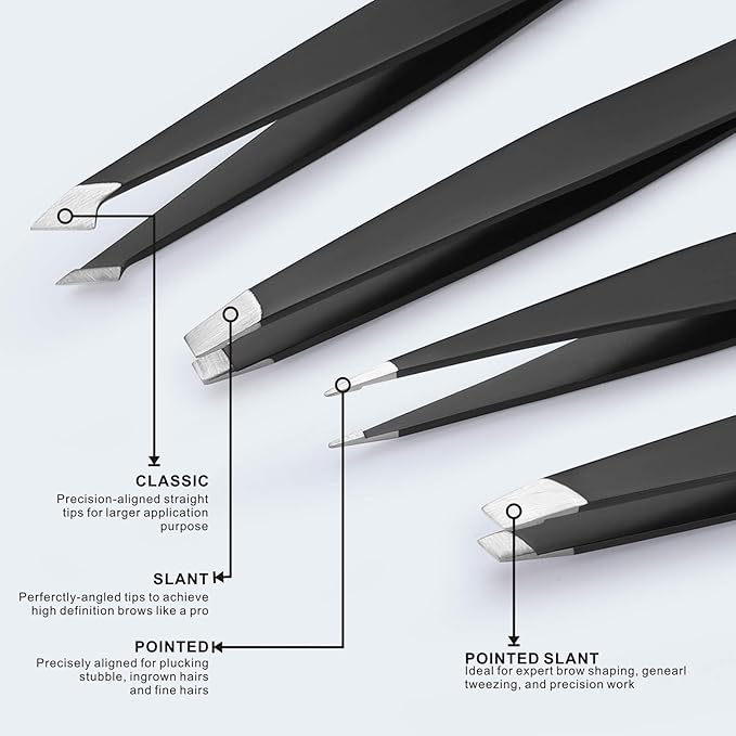 Tweezers for Eyebrows, 4-piece Slant Tip and Pointed Eyebrow Tweezer Set Great Precision for Eyebrows Facial Hair, Ingrown Hair, Splinter, Blackhead and Tick Remover (Black)