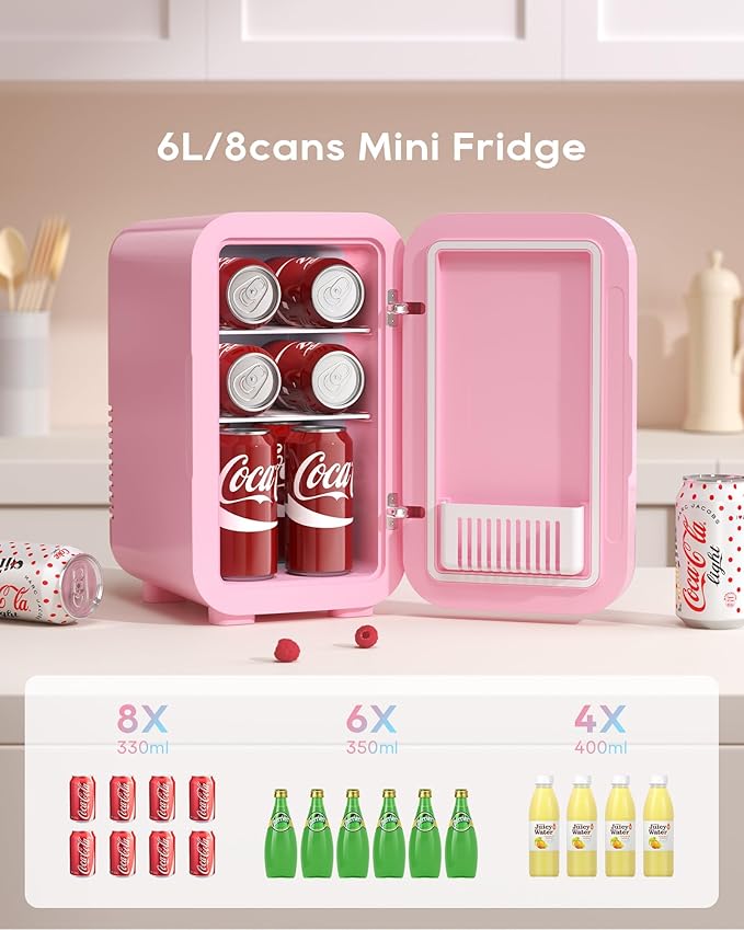 BEICHEN Mini Fridge, 6 Liter/8 Can Skincare Fridge, 110V AC/DC Portable Thermoelectric Cooler & Warmer for Skin Care, Cosmetics, Beverage, Food, Great for Bedroom, Office, Dorm (Pink)