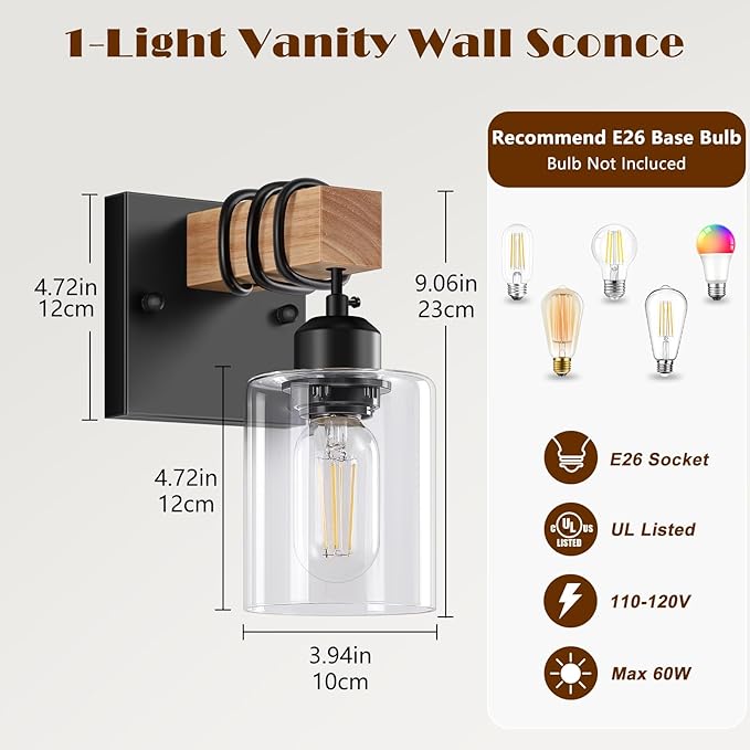 Licperron Set of 2 Wall Sconces for Bathroom, Farmhouse 1-Light Matte Black Bathroom Vanity Light with Clear Glass Shades, Indoor Wall Mount Lighting Fixtures for Bedroom Living Room Mirror Kitchen