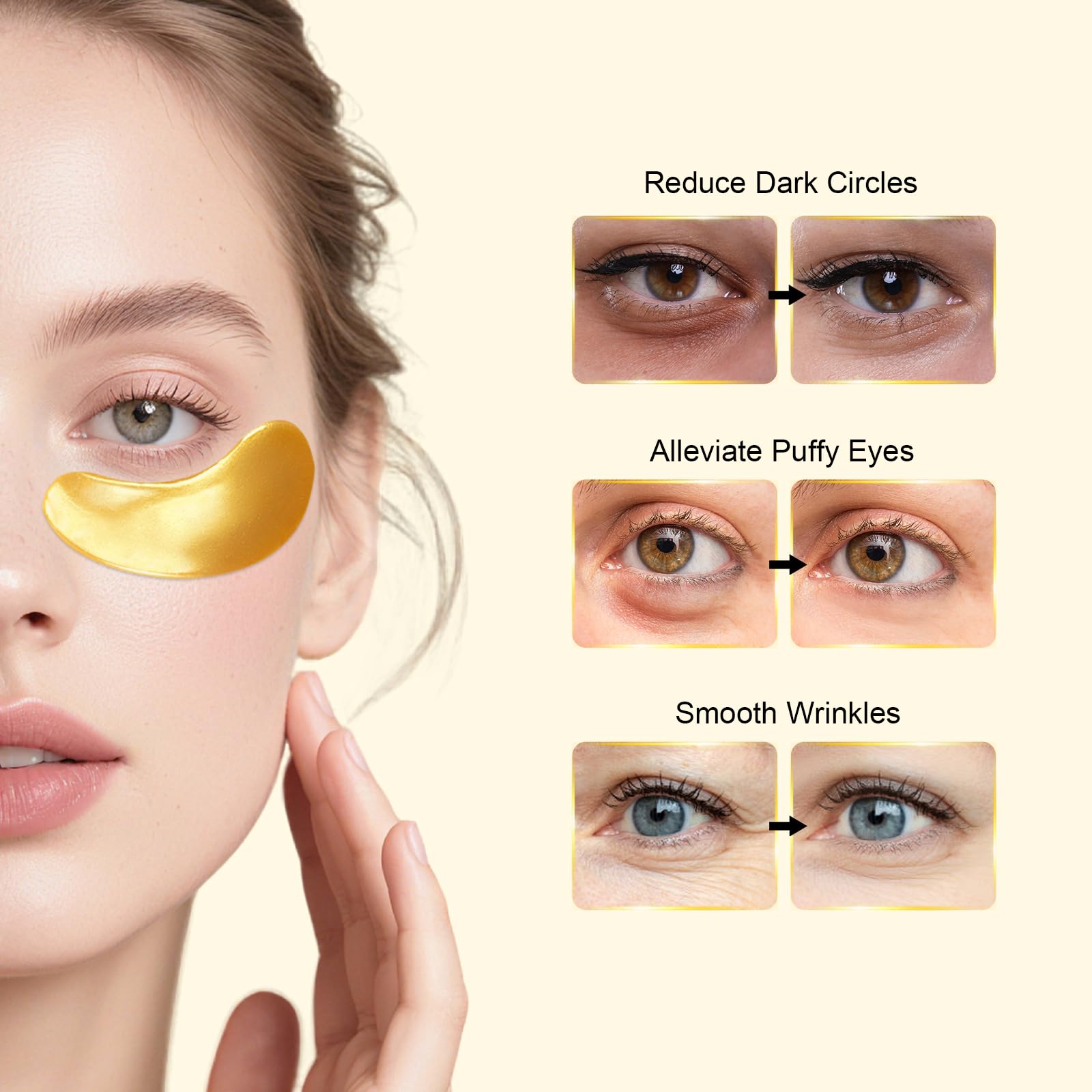 Permotary 30 Pairs Crystal Collagen Under Eye Mask, Gold Gel Collagen Eye Pad For Moisturizing, Reducing Dark Circles & Puffy Eyes (Gold)