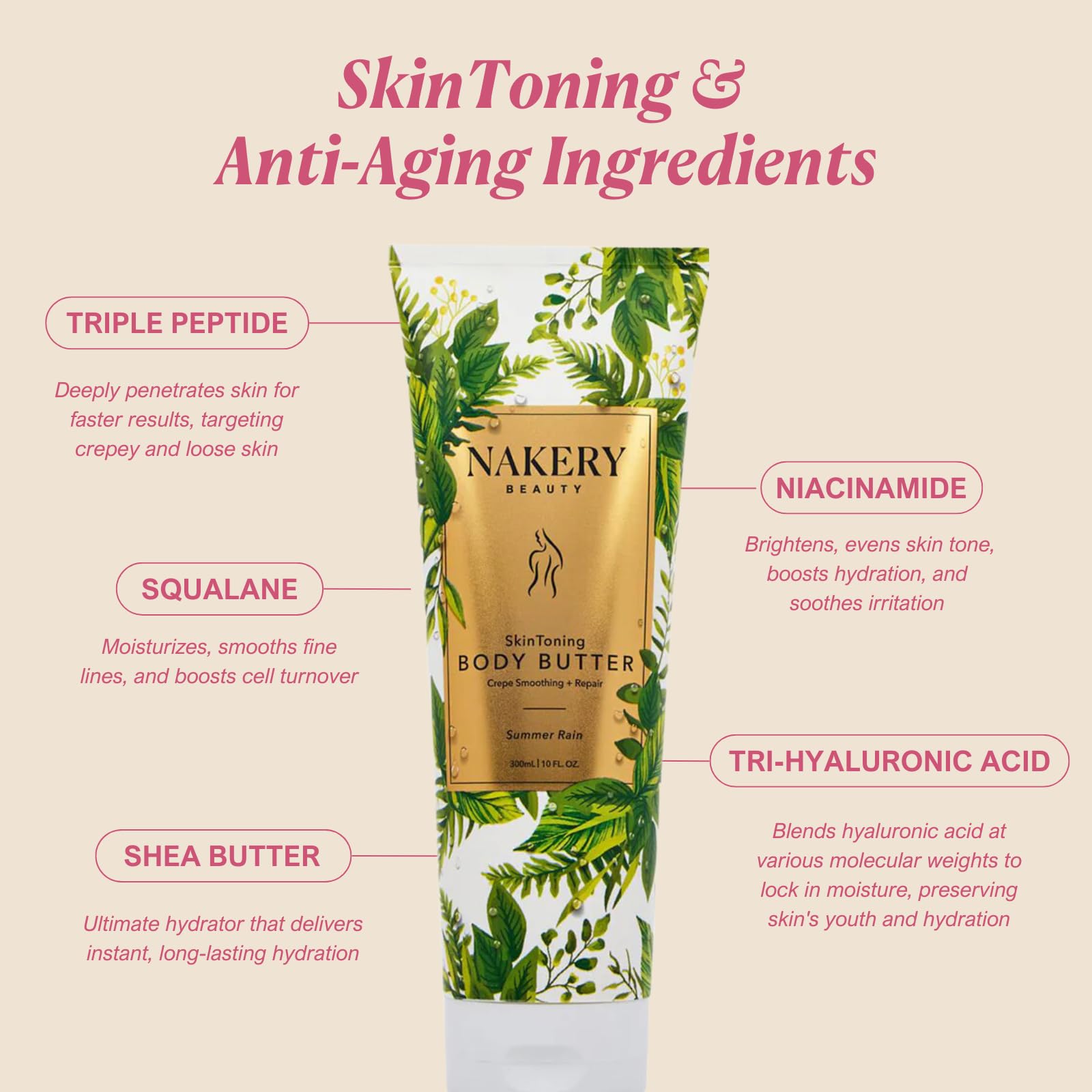 Nakery Skin Toning Body Butter for Women - Firming Body Lotion for Women - Peptide Infused Body Lotion for Crepey & Sagging Skin - Firming Lotion for Neck, Arms & Legs - Summer Rain