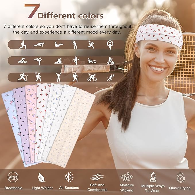 Headbands for Women, Stretchy Non Slip Soft Cotton Cloth Hair Bands for Sports, Workout, Yoga and Running, 7pcs