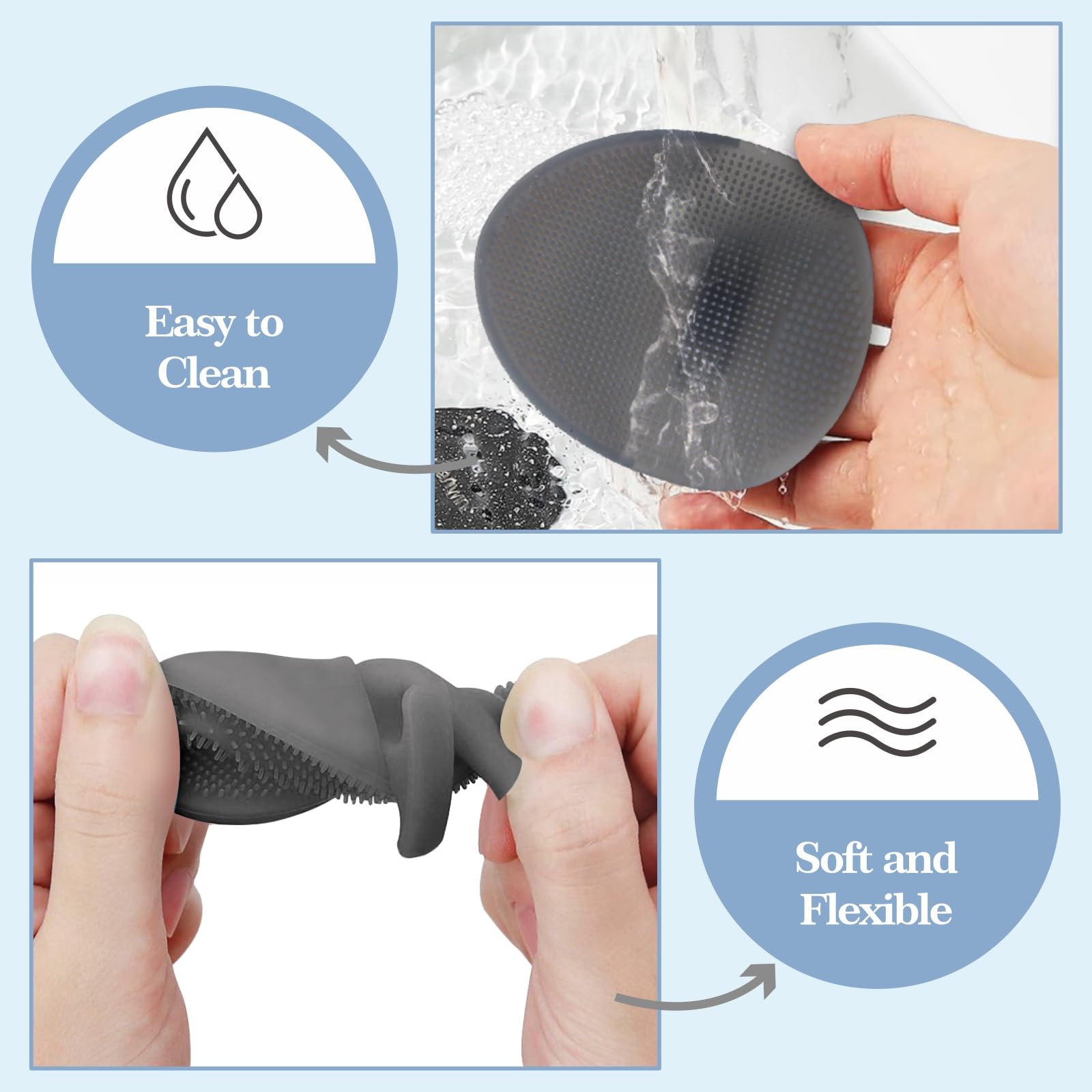 Manmihealth Silicone Body Scrubber Shower Brush Set Thin Bristles Gray
