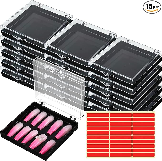 Landhoow 15 Pcs Press On Nail Boxes Nail Display Case with 30 Adhesive Tape, Artificial Press On Nail Container, Acrylic Storage Organizer(Black)