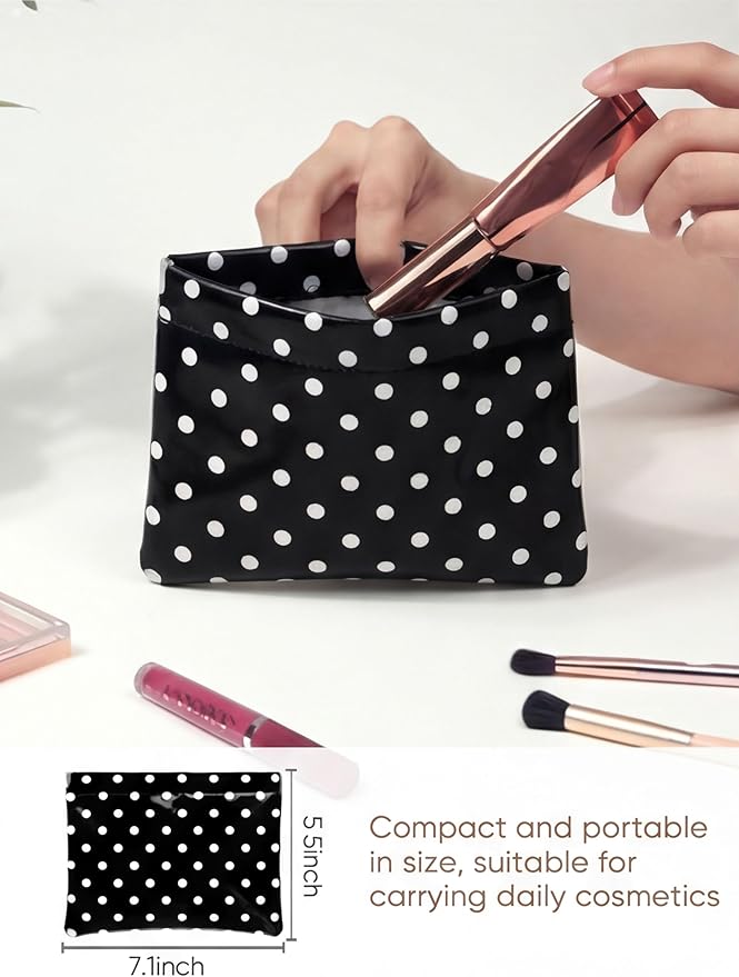 Ksriylm Dots Leather Makeup Pouch Set for Women Small Make Up Bag for Purse Waterproof Initial Makeup Cosmetic Bags Pouches for Purse Aesthetic Travel Toiletry Bag,Black White