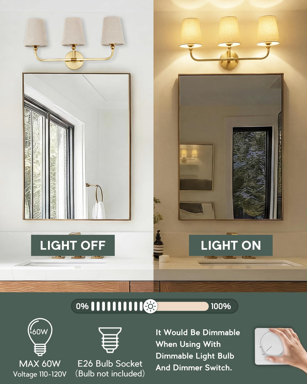 METWET 3-Light Brushed Gold Bathroom Vanity Light, Brown Linen Fabric Shade