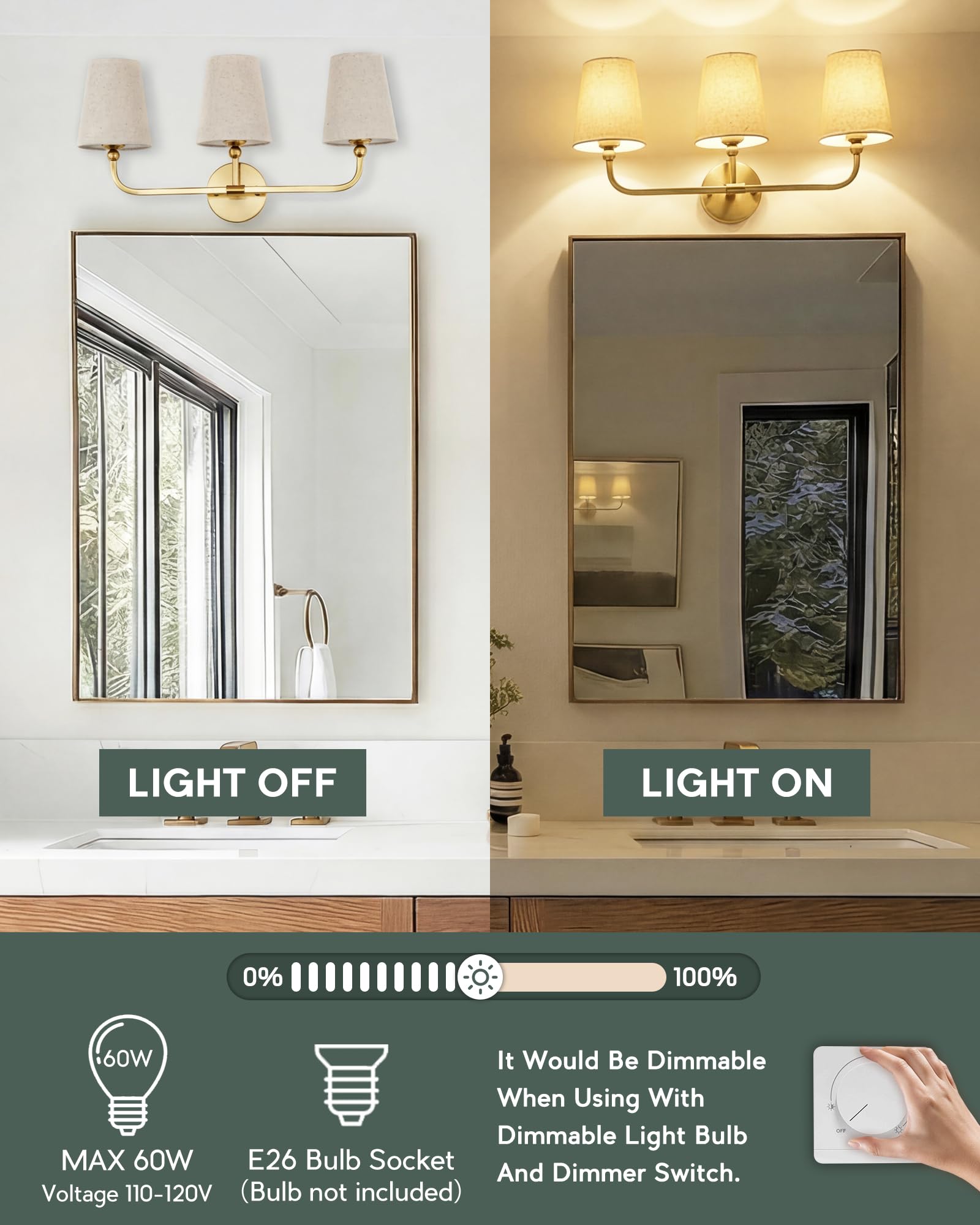 METWET 3-Light Brushed Gold Bathroom Vanity Light, Brown Linen Fabric Shade