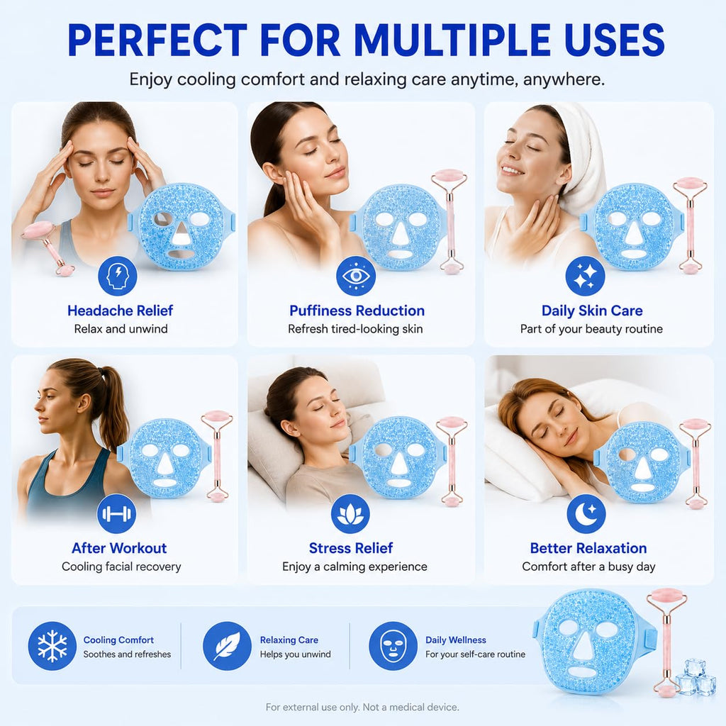 QIURUNMA Cold Face Eye Mask Ice Pack Reduce Facial Puff, Dark Circles, Gel Beads Hot Heat Cold Compress Pack, Face SPA for Woman Sleeping, Pressure, Headaches (Blue(jade Roller+face Mask))