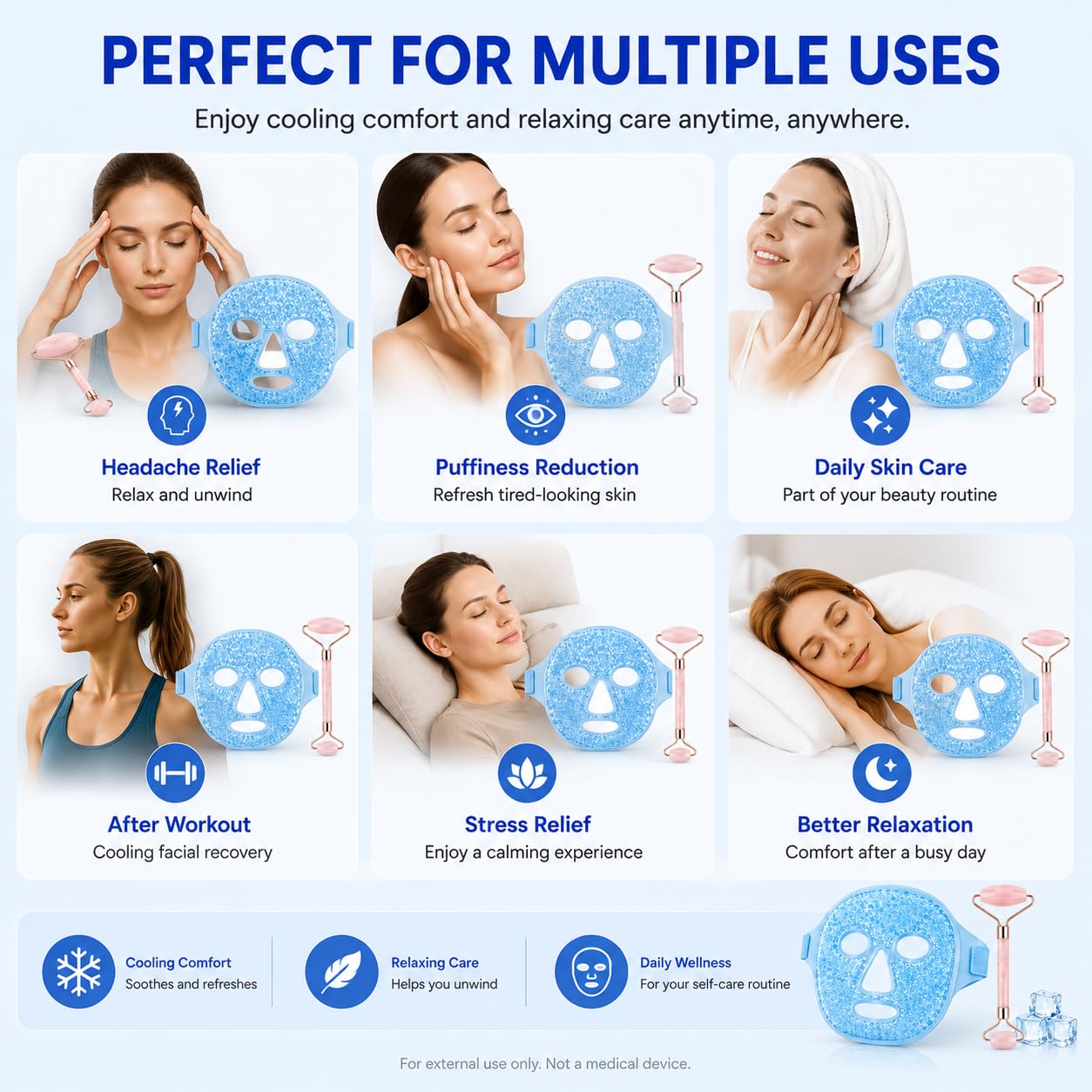 QIURUNMA Cold Face Eye Mask Ice Pack Reduce Facial Puff, Dark Circles, Gel Beads Hot Heat Cold Compress Pack, Face SPA for Woman Sleeping, Pressure, Headaches (Blue(jade Roller+face Mask))
