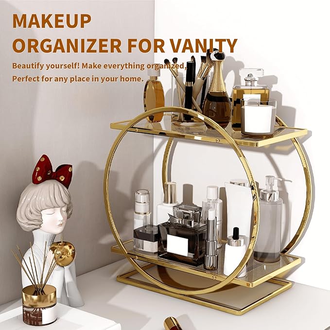 YIWANFW Perfume Organizer for Dresser, 2 Tier Bathroom Counter Organizers and Storage, Gold Makeup Organizer for Vanity, Bathroom Accessories & Decor, Skincare Perfume Trays Cosmetic Display Holder